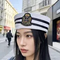 Stylish white sailor navy hat for women with black stripes and embroidered anchor patch - Korean Style Badge Sailor Hat