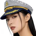 Nautical striped sailor captain hat for women featuring elegant gold wheat embroidery details - Gold Sailor Hat