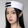 Classic white fashion sailor cap for women featuring stylish black leather buckle strap details - Black Cap Buckle Sailor Hat