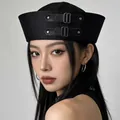 Stylish black women's sailor hat with metal buckle detail and leather straps. - Black Buckle Sailor Hat