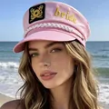 Stylish pink sailor captain hat featuring gold bride embroidery and white twisted rope accent - Pink with 'Bride' Embroidery
