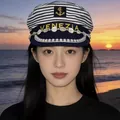 Nautical striped sailor hat with pearls and Venezia text for stylish seaside looks - Square Badge Shell Striped Sailor Hat