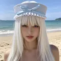 Fashionable light blue sailor hat with bow and white pleated trim for summer beach sunshade - Light Blue Bow Pleated Sailor Hat