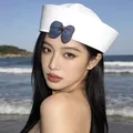 Stylish white navy sailor hat for women with a charming blue denim bow detail - Dark Blue Bow Style / White