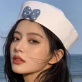 Women's white sailor hat with a blue heart-pattern bow tie, stylish summer sun hat - Korean Fashion Sailor Hat Style / Pink
