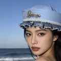 Fashionable light blue sailor hat featuring denim ruffles pearl trim and gold Love script - Korean Style Letter Pearl Sailor Hat / Light Blue
