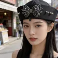 Black punk-style sailor hat variant with rhinestone bow and decorative spikes - Shiny Band Rhinestone Bow Sailor Hat / Black