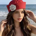 Red sailor navy hat for women featuring a silver camellia flower and beach sunshade - Red Flower