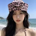 Pink leopard print sailor hat with a bow, stylish women's navy cap for summer beach. - Pink Leopard Bow