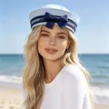 Fashionable light blue sailor hat with navy ribbon bow for summer beach sun protection - One Size / Dark Blue Bow Edge / Light Blue