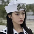 Stylish white sailor hat featuring a decorative green star bow for women in navy style - One Size / Korean Style Green Star Bow / White