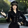 Stylish black navy sailor hat for women featuring gold embroidery and a decorative badge - One Size / Gold Cord and Badge Decoration / Black