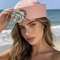 Stylish pink canvas sailor hat decorated with silver camellia for summer sun protection. - One Size / 3D Camellia Decoration / Pink