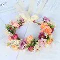 Corona de flores hecha a mano con rosas artificiales y cinta de color crema. - Corona de Flores con Cinta de Satén Rosa Púrpura Naranja (Nº 33)