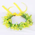 Hermosa corona de flores amarillas con hojas verdes y cinta de seda a juego para el pelo - Corona de Flores Tejida a Mano Amarillo Brillante (Nº 23)