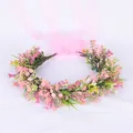 Corona de flores hecha a mano con flores de simulación rosas y cinta de organza rosa - Estilo Mixto Rosa y Púrpura (25)