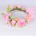 Elegant handmade pink rose flower crown with green leaves and ribbon for hair decoration - Pink Gradient Style (W1172)