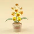 Hand-crocheted yellow tulip potted plant with a handmade leather label for desk decor - 9-Head Gradient Yellow Lily of the Valley Potted (Large Cylindrical Pot)