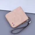 Vintage matte leather short wallet with zipper and wrist strap in khaki brown color - Brown
