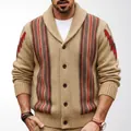 Vintage men's striped knit cardigan with shawl collar and jacquard pattern - M / Tops / Khaki