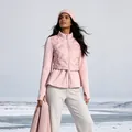 Elegant pink slim-fit quilted down jacket with peplum waist and thumbholes for winter - 2XL / Pink