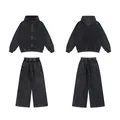 Vintage washed charcoal grey oversized zip-up hoodie and matching wide-leg sweatpants set - S / Bottoms / Black