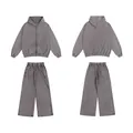 Vintage washed grey tracksuit set with zip hoodie and wide-leg pants - S / Bottoms / Gray