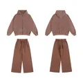 Vintage acid washed brown oversized hooded sweatshirt and wide-leg pants streetwear set - S / Bottoms / Coffee