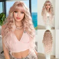 Premium 36-inch long wavy pinkish blonde synthetic fiber wig with bangs for women - 90cm (36in) / Satin Pink