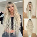 High-quality 36-inch extra long wavy blonde wig with flat bangs and grey highlights - 90cm (36in) / Sandy Gold Highlights