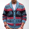 Herren Strickjacke im Vintage-Stil mit Schalkragen und ethnischem Jacquard-Muster - M / Oberteile / Blau