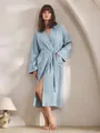 Women's premium light blue double-layer cotton gauze bathrobe with belt and side pockets - S / Robe / Haze Blue