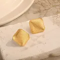 Vintage gold geometric diamond-shaped stud earrings with a ribbed texture detail - Geometric Rhombus Twill Studs (E3628-2) / Gold