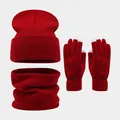 Red 3-piece winter set: knitted beanie, neck warmer, and touchscreen gloves. - Set / Burgundy