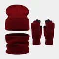 Burgundy red winter knitted set featuring a beanie hat, neck gaiter, and touch-screen gloves. - Set / Dark Red