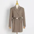 Stylish taupe long sleeve blazer with unique hollow out waist and drawstring ties - L / Tops / Khaki