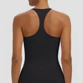 Back view of a black racerback sports tank top for yoga and fitness training sessions. - S / Tops / Black