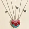 Parure de 3 colliers cœur magnétique avec pendentifs gravés BFF pour meilleures amies. - Puzzle de Cœur à Paillettes d'Huile Goutte Dégradé Rose Bleu (#15)