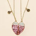 Detailed view of magnetic heart-shaped BFF necklaces with pink glitter and gold chains - Pink Purple Glitter Heart Puzzle Style (#19)