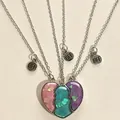 Close-up of three-piece magnetic heart necklace set for best friends with BFF charms. - Pink Blue Purple Sequin Heart Puzzle Style (#20)