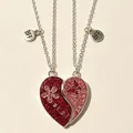 Matching BFF friendship magnetic heart necklace set featuring pink and red glitter pendants - Pink Red Glitter Flower Butterfly Heart Style (#14)