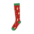 Festive red Christmas compression knee-high socks with snowman and tree patterns. - Red Christmas Tree Snowman