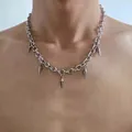 Punk style silver chunky chain necklace with conical rivet spikes for men and women - White K Rivet Choker Style (A-999)