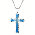 Collana con ciondolo a croce punk in acciaio inossidabile blu e argento con diamanti - Croce a Doppio Strato con Catena a Sfere / Blu