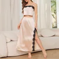 Elegante set pigiama 2 pezzi in raso di seta rosa champagne con pizzo nero. - Taglia S / Top e Parte Inferiore / Champagne