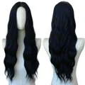 Professional women's long wavy navy blue wig with center part on white mannequin - Black