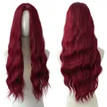 Women's long wavy burgundy wig with a middle part, showing both front and back views clearly - Burgundy