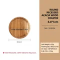 Round concave acacia wood coaster with natural grain finish, 8.8cm diameter for coffee mug - 8.8cm Acacia Wood Round Coaster (No Logo)
