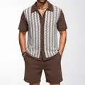 Heren zomerse casual bruine jacquard gebreide cardigan en korte broek 2-delig set - M / Boven- En Onderstuk / Bruin