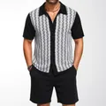 Tweedelige zomerse outfit voor heren met gebreid jacquardvest en korte broek in zwart - M / Boven- En Onderstuk / Zwart
